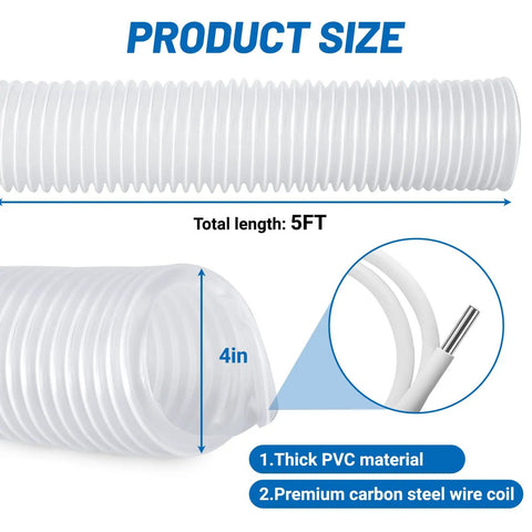 Heavy Duty 4 by 5 Inch Flexible Clear PVC Dust Collection Hose With Stainless Steel Clamps, showing clear design and dimensions.