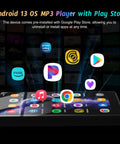 Android 13 MP3 Player With Bluetooth And WiFi, 5 Inch HD Display showing app icons floating above, highlighting Play Store.