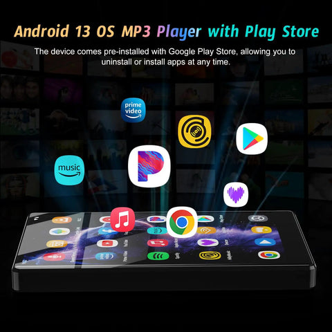 Android 13 MP3 Player With Bluetooth And WiFi, 5 Inch HD Display showing app icons floating above, highlighting Play Store.