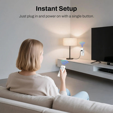 Person using Wireless Remote Control Outlet Kit For Lights, Fans And Small Appliances With 100 Foot Range, 1200W 10A, Learning Code, 5 Receivers And 2 Transmitters, ETL And FCC Certified, Easy Plug In Home Automation.