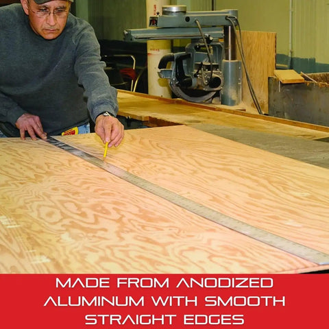 Person using Go-To 72 Inch Aluminum Straight Edge Rule For Shops And Schools Pro Woodworkers And Metalworkers Trust on wood plank.