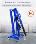 Heavy Duty 2 Ton Folding Engine Hoist Cherry Picker Jib Crane in blue, portable with smooth rolling swivel casters for garage use.
