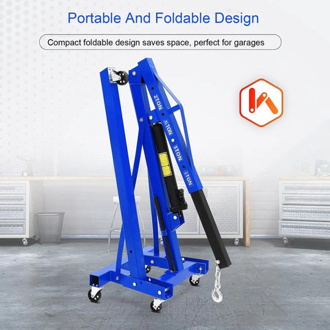 Heavy Duty 2 Ton Folding Engine Hoist Cherry Picker Jib Crane in blue, portable with smooth rolling swivel casters for garage use.