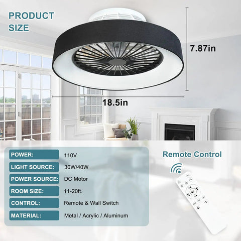 Remote LED Ceiling Fan With 30W Power, 18 Inch Small Flush Mount, 7 Invisible Blades Hidden in Protective Cover, Starry Sky Lampshade