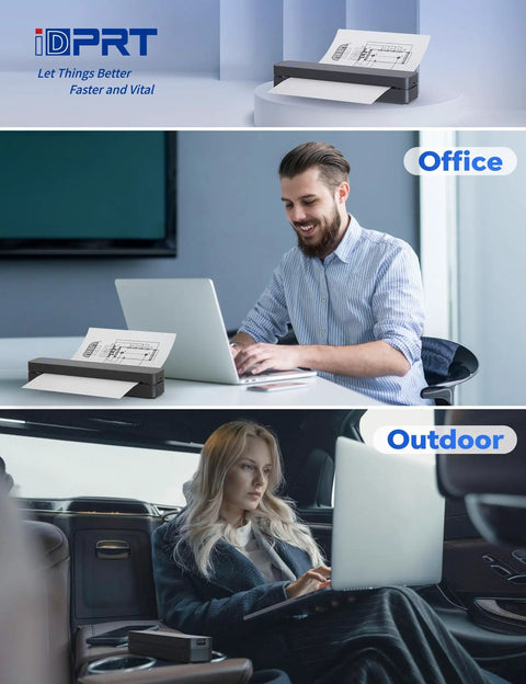 Grab And Go Portable Thermal Printer With 300Dpi Resolution prints docs on the fly, shown in office and outdoor settings.
