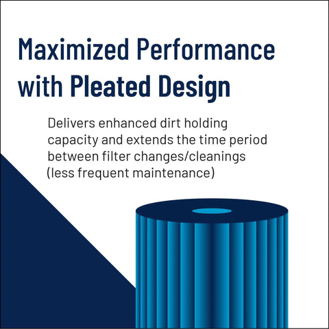 Graphic showing Big Blue 20 Inch By 4.5 Inch Sediment Filter Cartridge 30 Micron Pleated Polyester with maximized performance text.