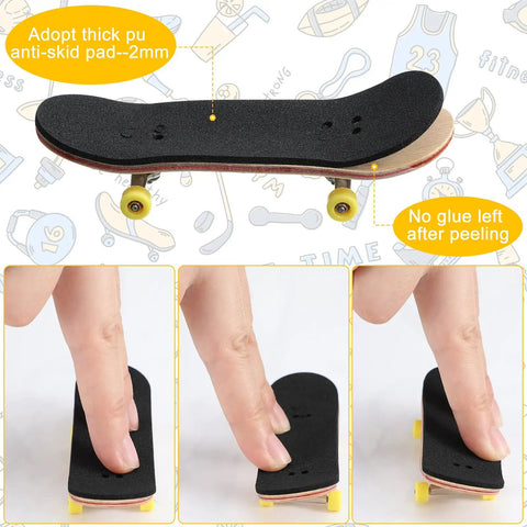 24 Pack Black Fingerboard Foam Grip Tape 110 x 38 x 2 mm Anti Slip Deck Tape shown on finger skateboard