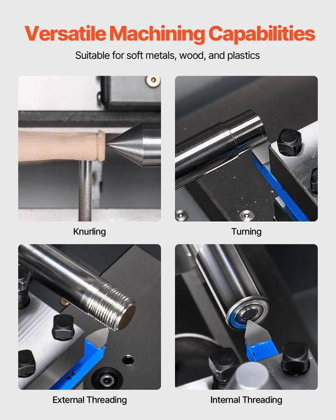 Powerful Benchtop Metal Lathe for Makers and Pros showing knurling, turning, external threading, internal threading capabilities