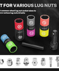 Flip Lug Nut Socket Set 1/2 Inch Thin Wall Impact Sockets For Fast Tire Changes Covers Eight Sizes Metric 17 19 21 22mm And SAE 3/4 13/16 7/8 15/16 Non Marring Sleeves For Wheel Removal And Auto Repair, displayed with colorful sockets and lug nuts.