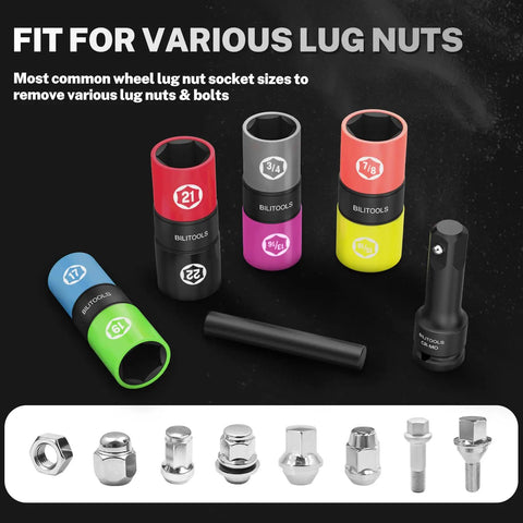 Flip Lug Nut Socket Set 1/2 Inch Thin Wall Impact Sockets For Fast Tire Changes Covers Eight Sizes Metric 17 19 21 22mm And SAE 3/4 13/16 7/8 15/16 Non Marring Sleeves For Wheel Removal And Auto Repair, displayed with colorful sockets and lug nuts.