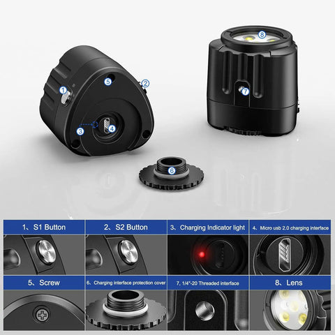 Components of Underwater LED Video Light For GoPro Sony Nikon Cameras, Waterproof To 130 Feet, 40 Meters, includes adapter.