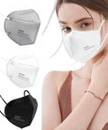 Five Layer KN95 Face Mask Pack 50 Count Breathable Cup Style With Elastic Ear Loops Dust Safety Mask Super Comfy All Day Wear 95 Percent Filtration In White Black Grey shown in use and laid out.