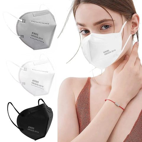 Five Layer KN95 Face Mask Pack 50 Count Breathable Cup Style With Elastic Ear Loops Dust Safety Mask Super Comfy All Day Wear 95 Percent Filtration In White Black Grey shown in use and laid out.