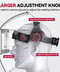 Larger adjustment knob on True Color Pro Grade Auto Darkening Welding Helmet with upgraded arc sensor for crisp vision.