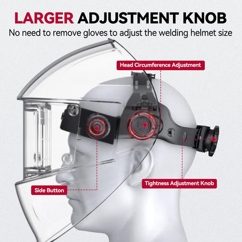 Larger adjustment knob on True Color Pro Grade Auto Darkening Welding Helmet with upgraded arc sensor for crisp vision.