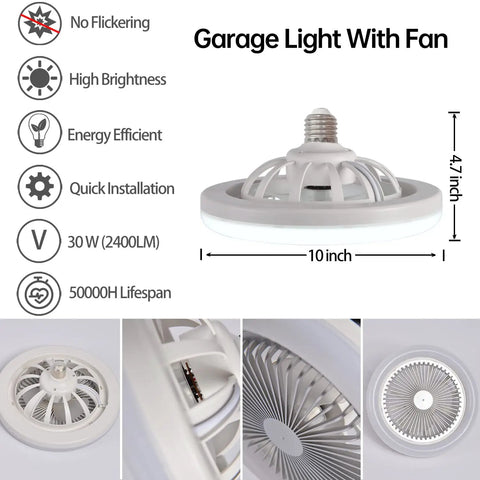 10 Inch Ceiling Fan With Light Kit For Garage Closet And Laundry Room Dope Bright 30W LED Bulbs White Light E26 Socket Enclosed Ceiling Fan Lighting Energy Saving showing dimensions and fan details.
