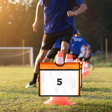 Orange Cone Sleeve 24 Pack Replaceable Sign Sleeves with number 5 for outdoor use in sports event, installed on traffic cone.