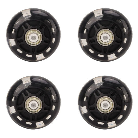Four 69mm inline skate wheels with PU rubber and ABEC 9 bearings in black for outdoor hockey skates and luggage replacement.