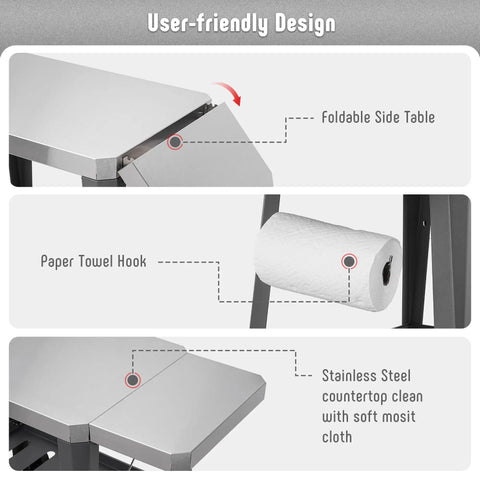 Rolling Pizza Oven Stand With Beveled Stainless Steel Top 31 By 19 Inches Foldable Extension Table Outdoor Bar Cart showing foldable side table and paper towel hook.