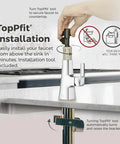 Pfister Vaneri Kitchen Faucet with Pull Down Sprayer, Polished Chrome installation using TopPf1t tool on countertop.