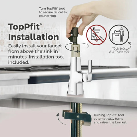 Pfister Vaneri Kitchen Faucet with Pull Down Sprayer, Polished Chrome installation using TopPf1t tool on countertop.