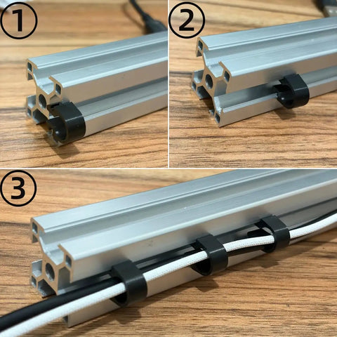 2020 Series Cable Clips Pack For EU Standard Aluminum Extrusion, 20 Black T-Slot Mounts For 6mm Slots, Tool-Free Snap In Cable And Tubing Organizer For 3D Printer DIYers And CNC Makers. Black clip on 2020 aluminum extrusion holding cables