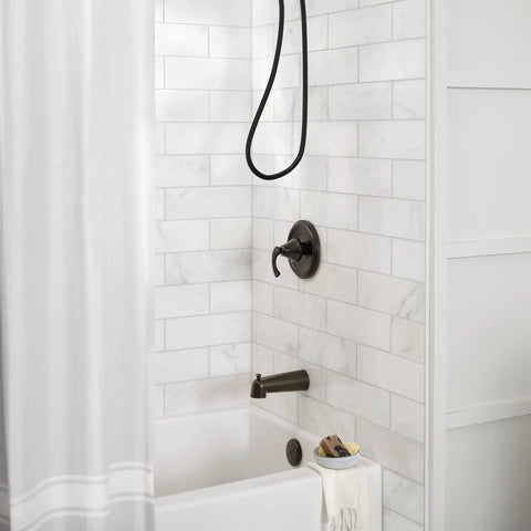Bathroom interior with Magnetix Six-Function Detachable Handheld Showerhead With Magnetic Docking System In Mediterranean Bronze