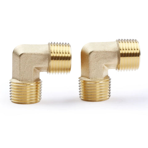 Two brass 90-degree barstock street elbows with 1/2 in NPT male threads