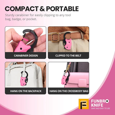 Pink Keychain Knife For Mom Cute Box Cutter Small Pocket Knife Gadget For Everyday Carry 1.34 Inch Blade EDC Tool Stocking Stuffers Christmas Gift For Her shown clipped to belt, backpack, and bag.