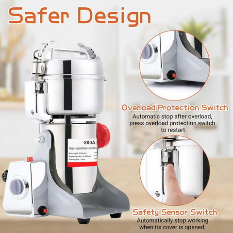 Heavy Duty 1800W Electric Grain Mill Grinder With 36000 Rpm High Speed Motor And 800g Stainless Steel Capacity for safe use.