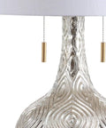 Close-up of Mercury Silver And Gold Two Light Gourd Glass LED Table Lamp With White Linen Shade For Living Room Contemporary Glass Accent Lighting Includes LED Bulbs ETL UL Listed, showing detailed glass texture and pull-chain switches.