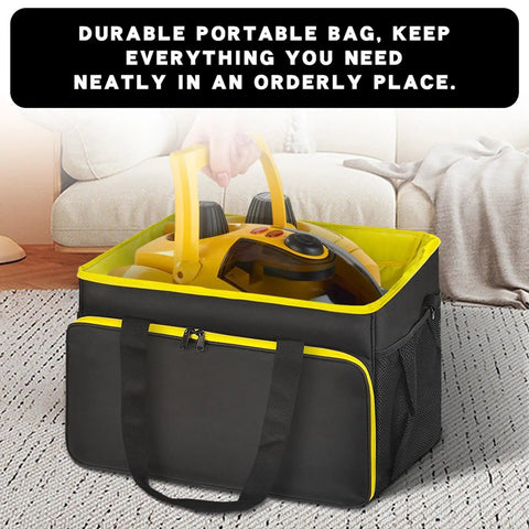Slick Steam Cleaner Carry Case Featuring Dang Generous Internal Pockets And Hassle Free Straps For Keeping Your Floor Steamer Nozzles And Hoses Super Tidy Anywhere, showcasing a durable black and yellow carrier with a steam cleaner inside.