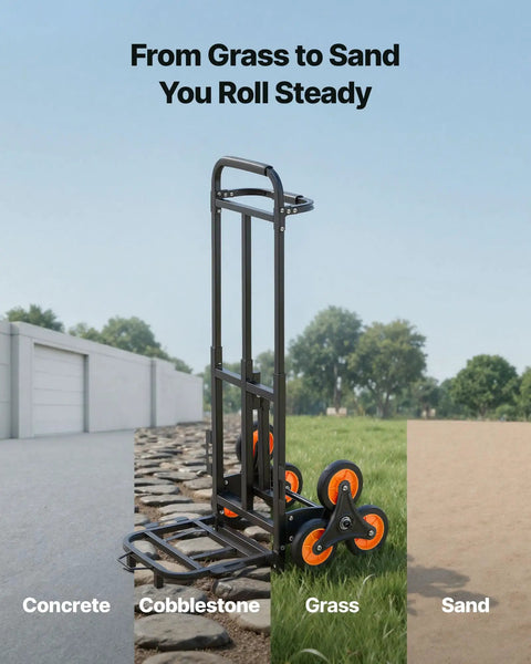 Stair Climbing Dolly With Telescoping Handle 460 Lb Capacity on various surfaces: concrete, cobblestone, grass, sand