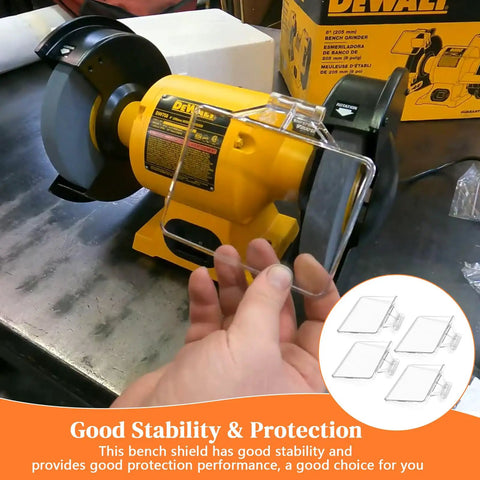 Eyeshield For Bench Grinder Replacement Shield 4 Pack Type II Compatible displayed on a yellow bench grinder with hand