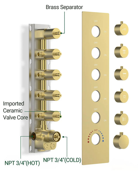 Premium Dual Head Rainfall Shower System With Twenty Six Custom Spray Settings Sweet Brushed Gold Finish valve core and controls