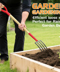 Person using All In One Garden Fork For Weeding And Digging, 4 Tine Spading Fork, 45 Inch Steel Digging Fork with D Grip and Wooden Handle