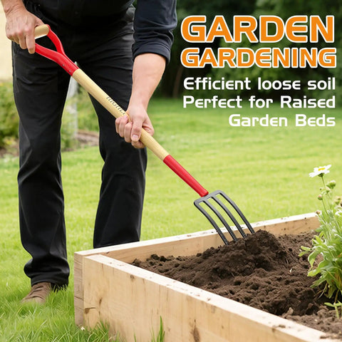 Person using All In One Garden Fork For Weeding And Digging, 4 Tine Spading Fork, 45 Inch Steel Digging Fork with D Grip and Wooden Handle