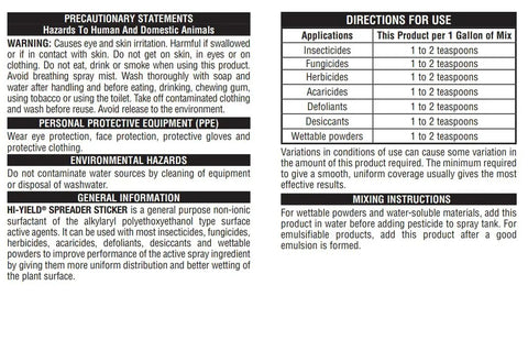 Label showing directions and precautions for Spreader Sticker Non Ionic Surfactant for Lawn Care and Fertilizers, usage and safety guidelines.