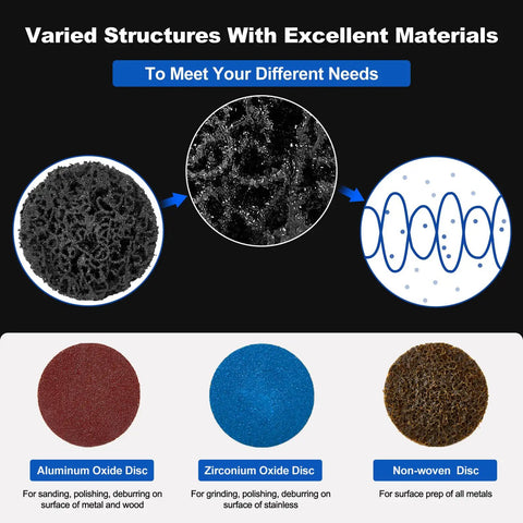 Varied disc types in the 136 Pcs 2 Inch Die Grinder Sanding Discs Kit With Quick Change 1/4 Roll Lock For Right Angle Grinders And M12 Drills