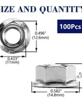 1/4-20 Serrated Flange Hex Lock Nuts 100 Pack 304 Stainless Steel Full Thread, size details and measurements shown.