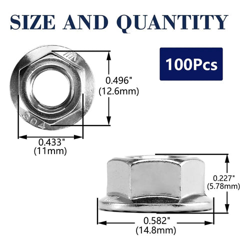 1/4-20 Serrated Flange Hex Lock Nuts 100 Pack 304 Stainless Steel Full Thread, size details and measurements shown.