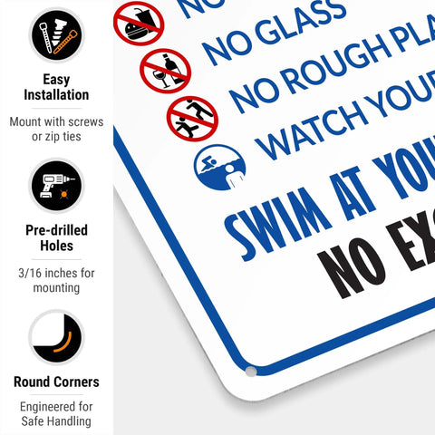 Close-up of a Pool Rules Sign Keeps It Real For Swimmers With Swim At Your Own Risk Note No Diving No Running, 10x14 in aluminum