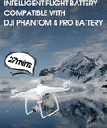 Phantom 4 Pro Series Beefed Up Battery Replacement 5870mAh Intelligent Flight Battery Pack flying over snowy landscape.
