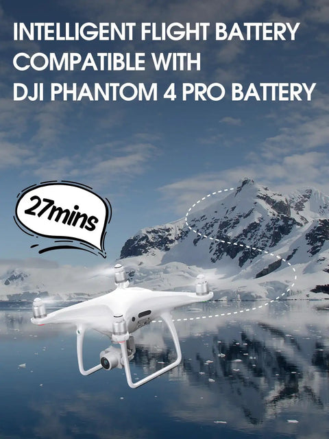 Phantom 4 Pro Series Beefed Up Battery Replacement 5870mAh Intelligent Flight Battery Pack flying over snowy landscape.