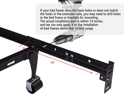 Rock Solid Adjustable Bed Frame Extension Brackets With Bolt On Footboard Attachment Kit For Headboard Only Queen King Full And Twin Beds No Sweat Setup Rugged Build showing 14 inch installation area with drill.