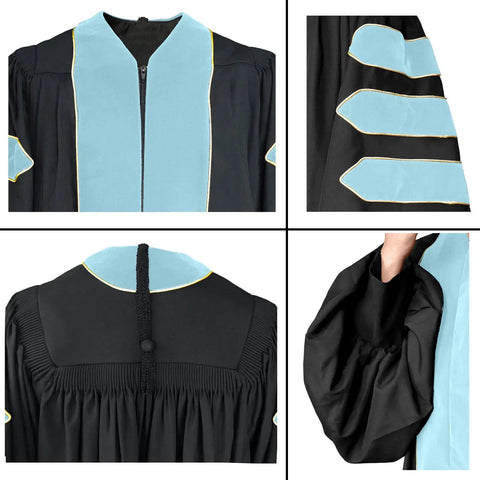 Sky Blue Doctoral Graduation Gown Set With Black Tam And Gold Hood, Dope Matte Polyester Regalia, fluted shoulders, 8 sided hood