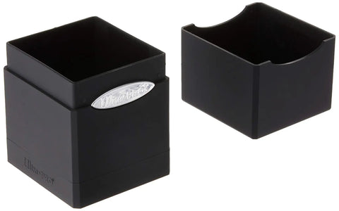 Black Satin Tower Deck Box Heavy Duty Hard Shell Case with Snap Lock and bottom compartment, open to show storage capacity.