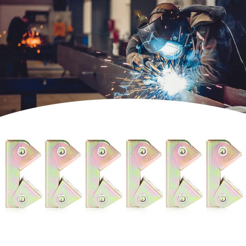 Magnetic V Type Welding Clamp Set In Stainless Steel 6 Piece Fixture Kit in front of welder with sparks in background