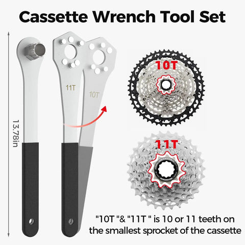 Cassette Removal Tool Set With Wrench And Lockring Tool For 10T And 11T Sprockets, showing tools and sprockets, bearing steel, rubber grip