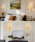 Wireless Boho Rattan Wall Sconce Set of Two in bedroom and living room, showcasing sleek brass finish and warm glow.